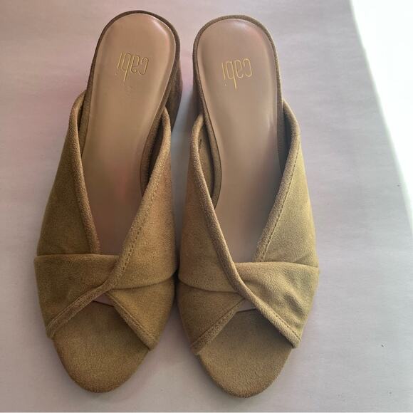 Cabi Mules Womens 7M Marigold Tan Block Heel Casual Slip Op Peep Toe Twisted Top - Picture 5 of 11